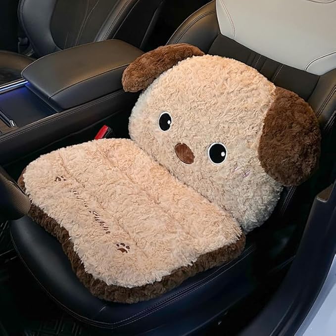 Plush Dog Car Seat Cushion Set with Lumbar Support & Headrest Pillow – Soft Universal Vehicle Interior Comfort Accessory (Brown)