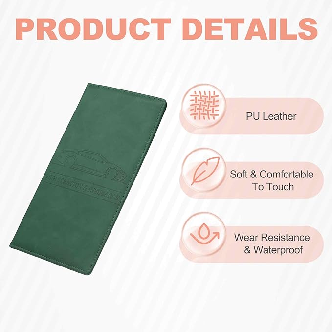 HARFINGTON Car Registration and Insurance Holder 9.65" x 4.92" PU Leather Vehicle Glove Box Organizer Storage Accessories Men Women Car ID Holder for License ID Card Bank Card, Dark Green