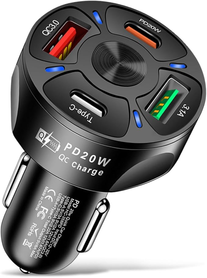 Augeny 4 Ports Car Fast Charging Charger Cigarette Lighter Adapter, Super Fast Auto Charging Cigarette Lighter Plug with QC 3.0, PD 20W, Type C, 3.1 A, Vehicle Phone Charger for Car SUV(Black)