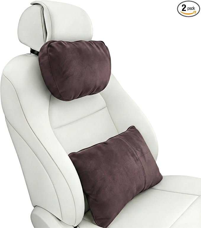 2PCS Car Pillow for Car Neck Pillow for Driving Seat Leather Neck Support Soft Cushion Back Support Head-Rests for Vehicle Sleeping with Elastic Adjustment Strap (Coffee, Head and Lumbar)