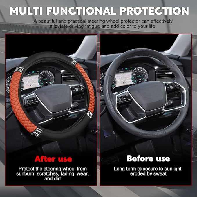 Car Steering Wheel Cover, Steering Wheel Accessories, Breathable Microfiber Leather Auto Wheels Protector, Universal 15 Inch Anti-Slip Protector for SUV Sedan Truck (Bling-Orange)