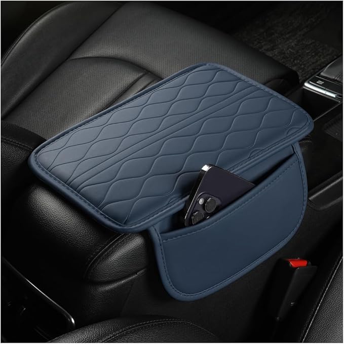Car Center Console Cover, Leather Vehicle Armrest Seat Box Pad Cushion with 2 Storage Bags, Automotive Interior Arm Rest Protector Accessories, Universal for SUV, Sedan, Truck (Blue)