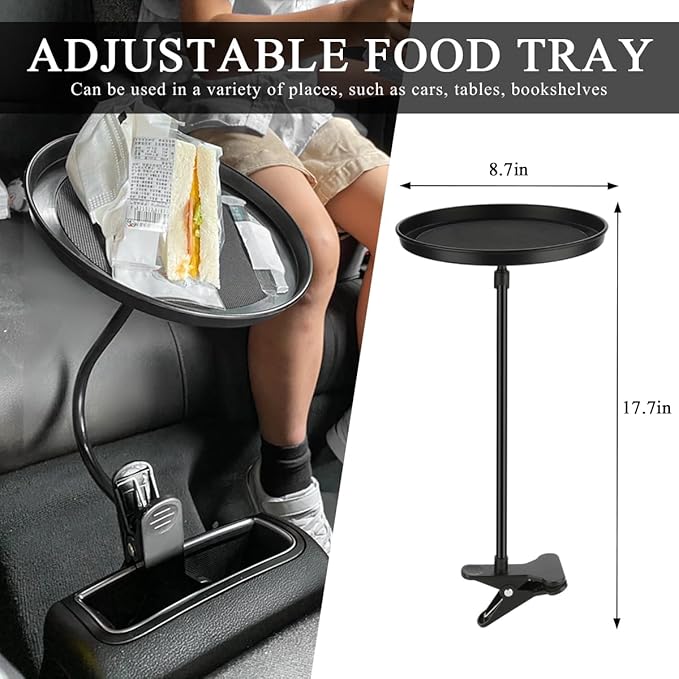 Adjustable Food Tray for Car, 360° Swivel Non-Slip Car Drink Cup Snack Table Clip Type Dining Trays, 8.7 Inch Rotating Food Table Folding Storage Tray for Most Vehicles