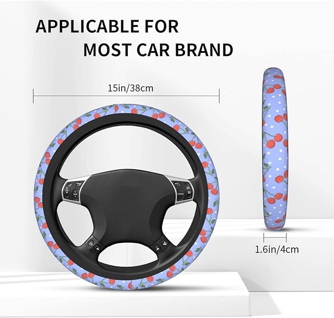 Purple Cherry Steering Wheel Cover for Women Men with 2 Pcs Car Coasters, Universal 14.5-15 Inch Rainbow Steering Wheel Covers Non-Slip Car Accessories for Girls