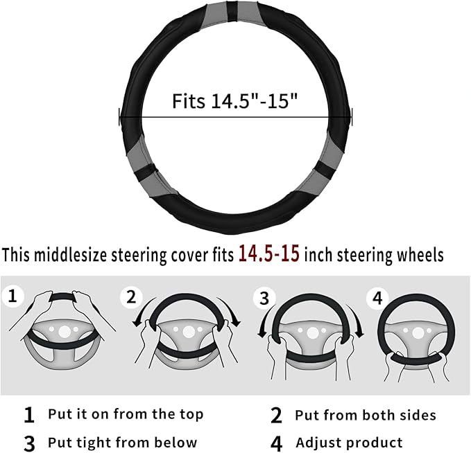 Achiou Gray Car Steering Wheel Cover Universal 15 inch with Grip Contours, Leather Auto for Men and Women Non-Slip Breathable Soft and Comfortable