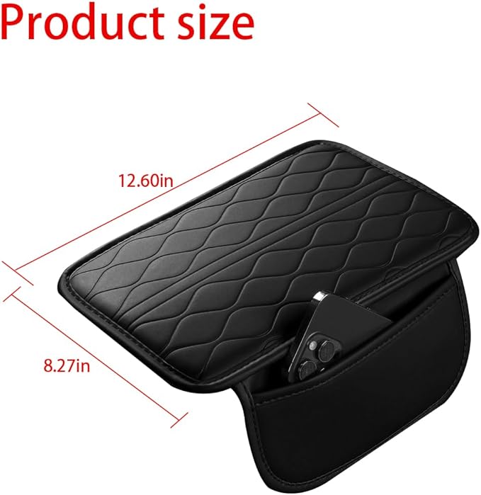 Car Center Console Cover, Leather Vehicle Armrest Seat Box Pad Cushion with 2 Storage Bags, Automotive Interior Arm Rest Protector Accessories, Universal for SUV, Sedan, Truck (Black)