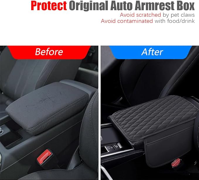ESKONKE [Upgraded] Car Center Console Cover with 2 Storage Bags - Premium Nappa Leather Armrest Cover, Scratch & Wear Resistant, Waterproof Car Interior Accessories (Black)