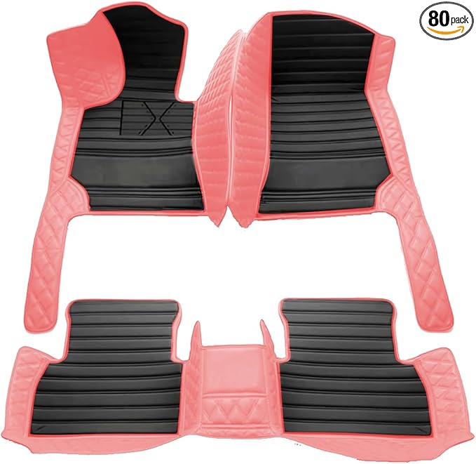 TREGOO All Weather Car Mats Custom Fit Non Slip Floor Mats for 1998-2025 Cars Personalized Leather Protection Pads Suitable for Men Women (Edge Pink with Black Horizontal Stripe)
