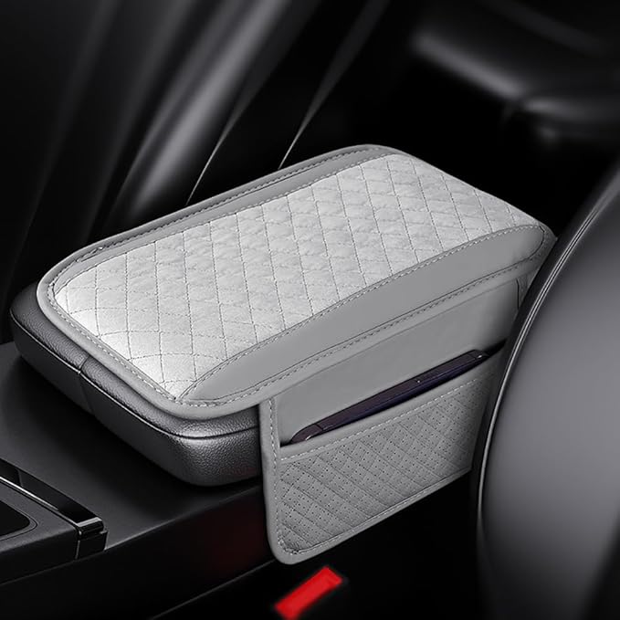 Cxtiy Car Center Console Cover,Microfiber Warm Soft Car Armrest Cover Cushion with 2 Storage Bags,Universal Car Armrest Storage Box Car Interior Accessories for Most Vehicles (Grey)