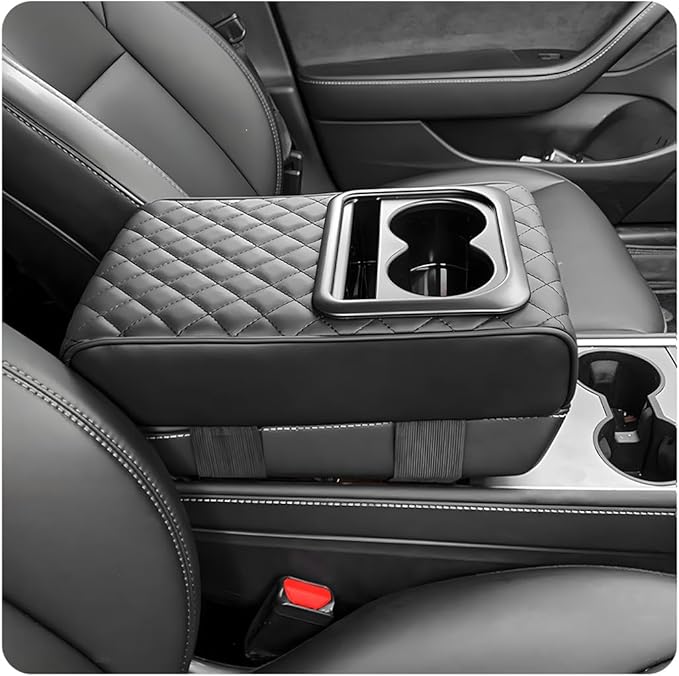 Car Center Console Armrest Pillow, 14"×8.3" Leather Memory Foam Armrest Cushion with Cup Holder & Phone Holder, Waterproof Middle Console Cover Box Protector for Most Vehicle (Diamond Pattern)