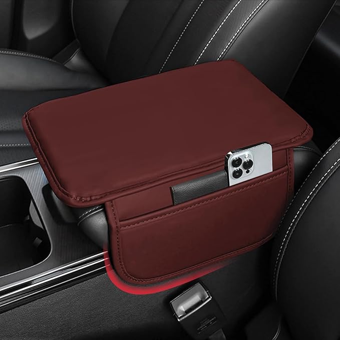 Car Center Console Cover Leather Armrest Cover Cushion with 2 Storage Bags Universal Car Armrest Seat Box Pad Car Interior Accessories Protector for Most Vehicle (red)