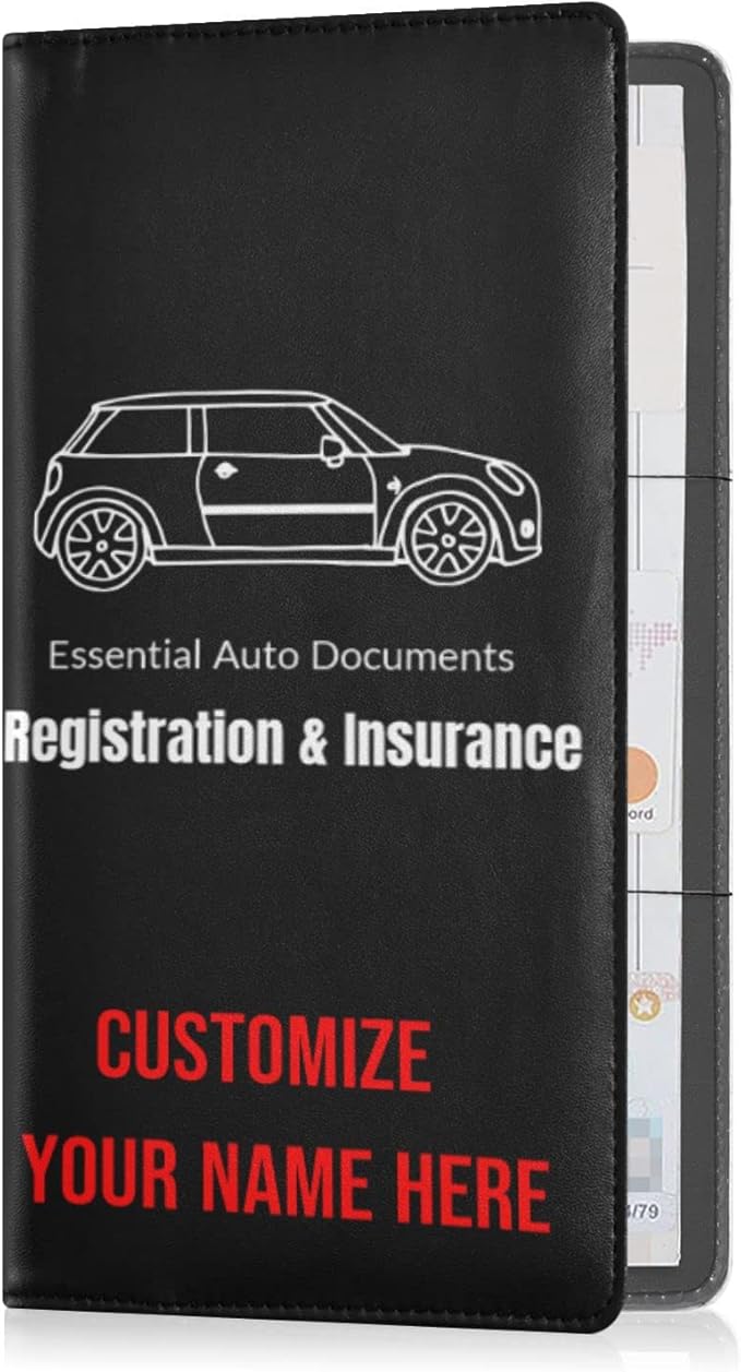Caihoyu Custom Car Registration and Insurance Card Holder Personalized Leather Glove Box Organize Men Women Wallet Accessories Case for Cards, Essential Document Driver License Black