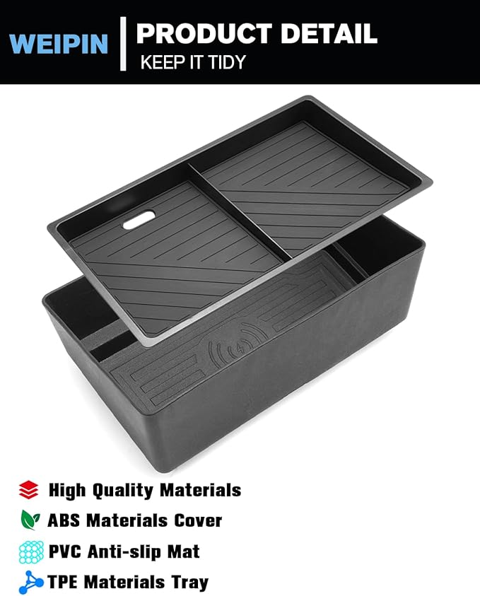 WEIPIN for 2Pcs Center Console Organizer Tray ABS Materials& TPE Wirless Mats Storage Box Compatible with 2025-2026 GMC Yukon (Elevation/AT4) - Only Compatible with Console Without Cover