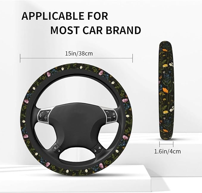 Floral Steering Wheel Cover Elastic Non-Slip Car Steering Wheel Covers with Seat Belt Shoulder Pad for Women Men