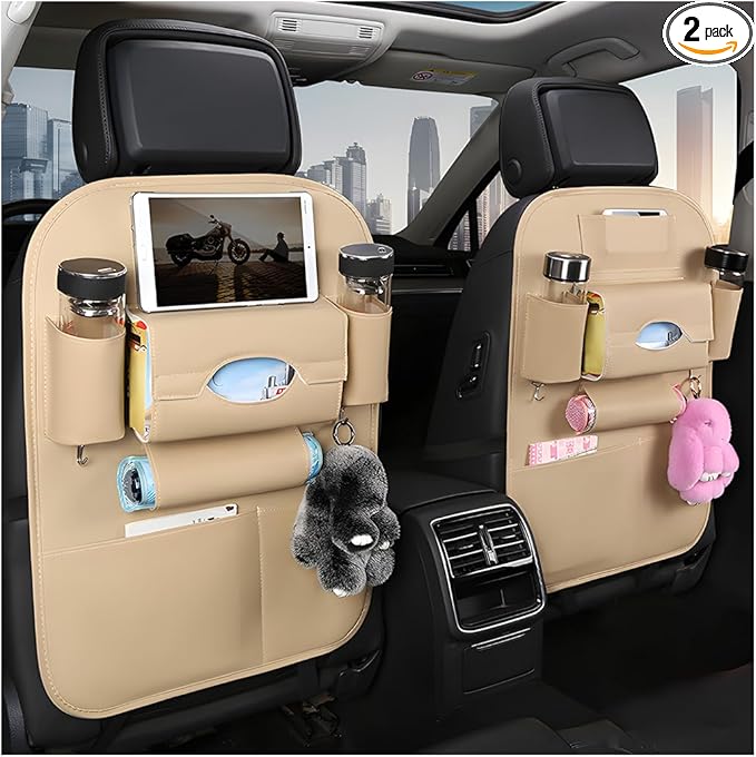 2PCS Car Seatback Organizer, Waterproof Leather Seat Back Storage with Cup Holder Tissue Holder Multiple Pockets, Back Seat Protector Kick Mats for Kids, Travel Accessories (Beige)