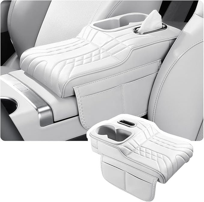 Car Armrest Storage Box for Toyota 4Runner 1984–2025 2020 2021 2022 2023 2024, Sport-Style Center Console Organizer with Side Pocket, PU Leather Armrest Cushion, Elbow Support Pad,B White