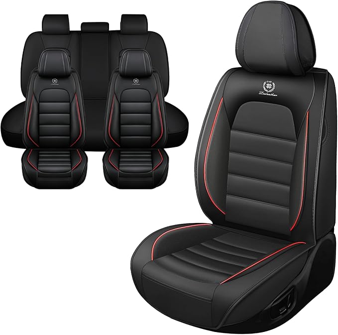 Iceleather Car Seat Covers for Ford Edge 2007-2025,Waterproof Soft Breathable PU Leather Seat Cover with Storage Pockets(Black&Red,Full Set)