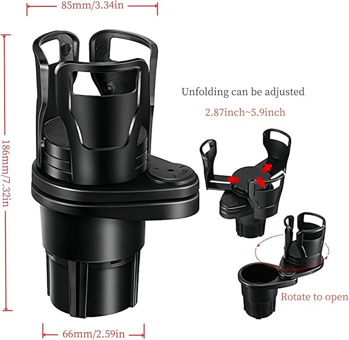 Universal Car Cup Holder Expander, 360-Degree Rotating Adjustable Drink Holder, Black Multi-Cup Mount for Vehicle Console, 7.32 x 2.59 x 3.34 Inches