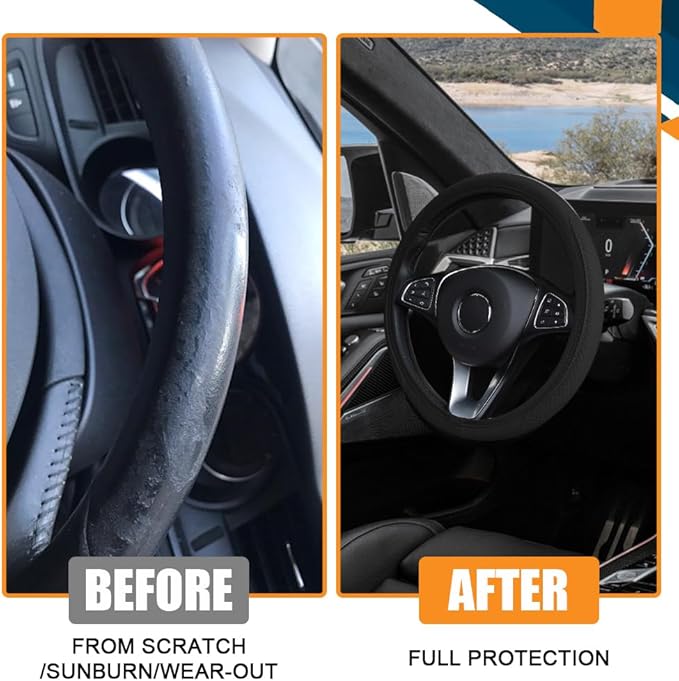 Car Steering Wheel Cover, Universal 14.5-15 Inch Black Leather Steering Wheel Wrap with Better Sport Grip for Men Women, Anti-Slip Breathable Car Interior Accessories for Most Vehicles (Black)