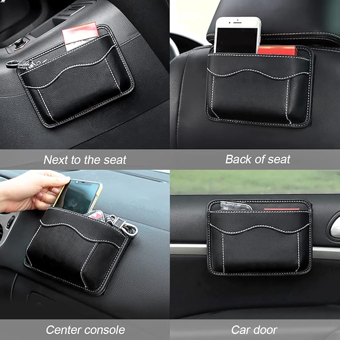 Car Seat Side Pocket Organizer, PU Leather Pen Phone Sunglasses Holder Tray Pouch Seat Gap Filler, Mini Storage Bag Car Interior Accessories for Auto Seat Door Window Console (Black)