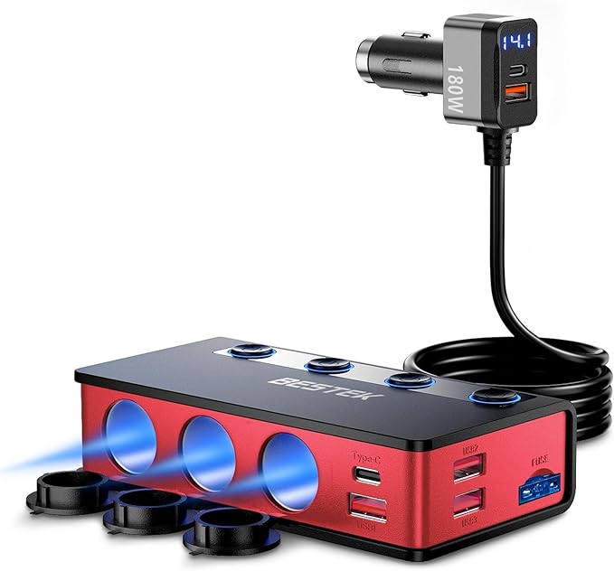 BESTEK 9in1 Cigarette Lighter Splitter with180W 3-Socket PD36W/65W Car Adapter and QC3.0 18W Charging Ports,Independent Output Power, LED Display Super Fast Charger for Truck/SUV/Camping/iPhone 17