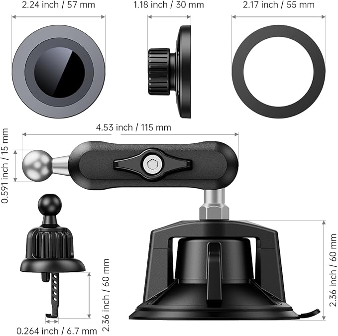 Tmengdao Magnetic Car Phone Holder [3-in-1] for Dashboard, Windshield & Vent, with Strong Suction Cup, Adjustable Metal Arm & 360° Rotation, Universal Phone Mount for All Cell Phones