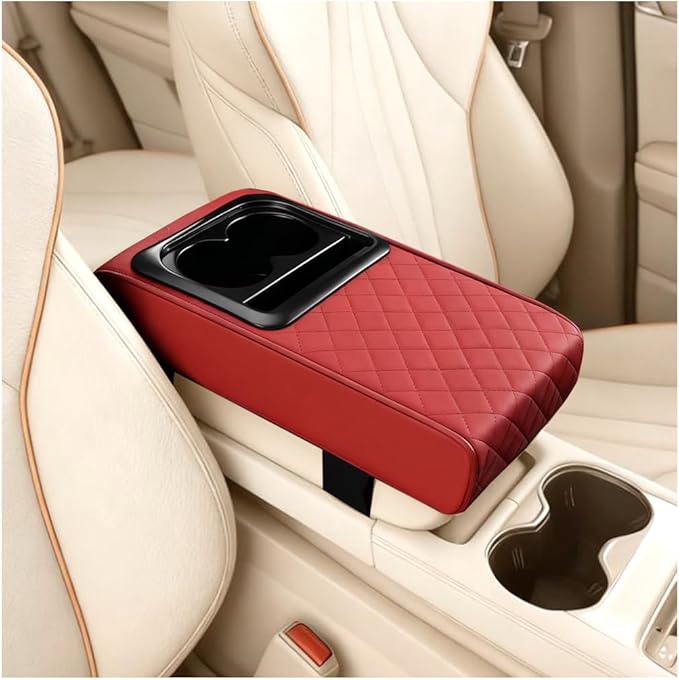 Car Center Console Armrest Pillow, Leather Vehicle Middle Console Protection Cushion with Cup & Phone Holder, Waterproof Automotive Arm Rest Box Cover, Universal Fit (Wine Red Rhombus)