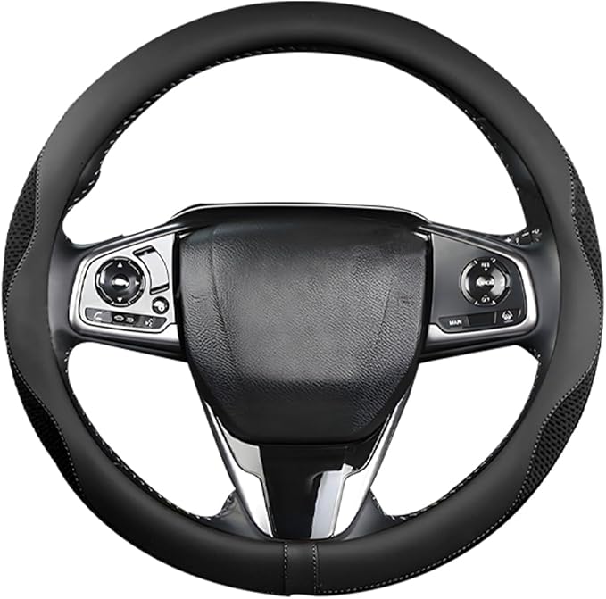 Car Steering Wheel Cover, Microfiber Breathable Ice Silk Leather Steering Wheel Cover Soft Anti-Slip Safety, 15inch Four Season Universal Fits for Most Truck,SUV,Cars (Black Ice Silk)