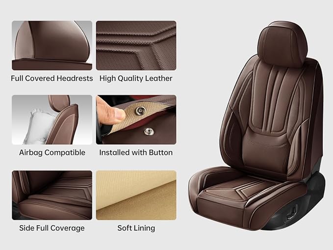 SCDOOCA Car Seat Covers Full Set Brown, Luxury Leather Car Seat Covers, Waterproof and Breathable Seat Covers, Universal Car Seat Protector Fit for Cars, Trucks, SUVs, Pick-ups (Full Set)