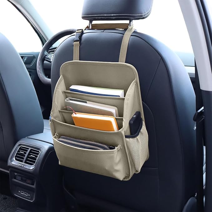 Viaviat Front Seat Organizer Car Upholstery Leather Passenger Seat Storage Bag Large Durable Car Organizer with Adjustable Strap Multiple Compartments Mesh Bags Cup Holders (beige)