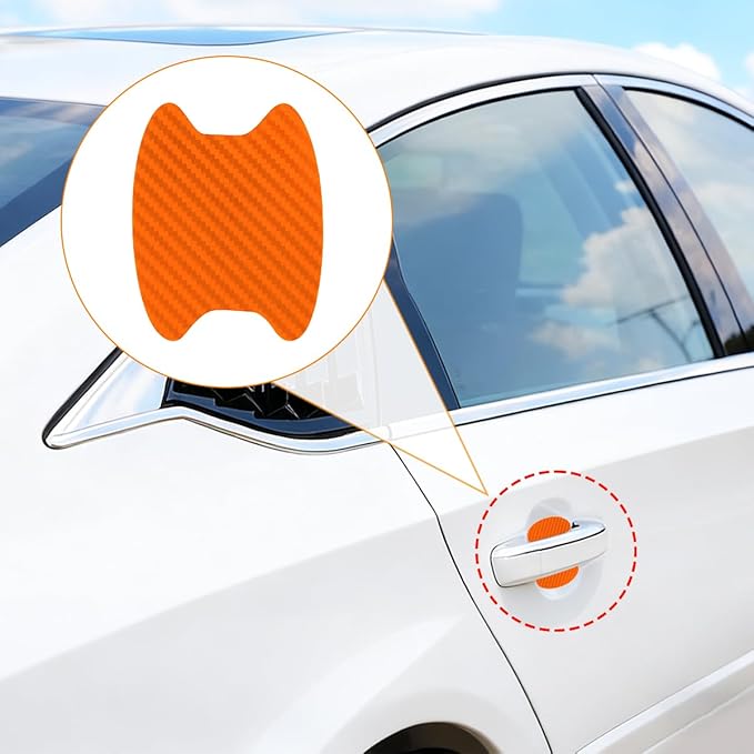 Car Door Handle Cup Scratch Protector, 4PCS 3D Carbon Fiber Vehicle Handle Bowl Sticker, Automotive Exterior Door Cup Protection Decal, Universal for SUV Caravan Automobile (Orange)