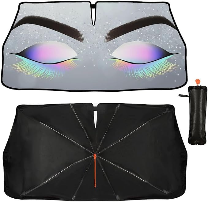 DOPINDU Eyelashes Car Windshield Sun Shade Umbrella with Bendable Handle Funny Eyes Eyelash Sunshade for Car Front Window Block UV Rays Foldable Sun Visor for Most Cars Trucks SUV 57"x30"