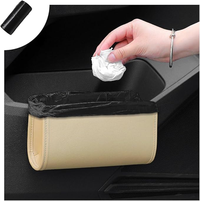 Car Trash Can, Foldable Small Hanging Trash Bin Waterproof Car Door Organizer, Multi-Function Leather Garbage Bag Mini Storage Can for Vehicle Back Seat & Side Door (Beige)