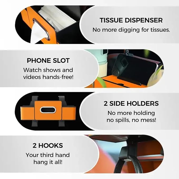 Multifunctional Car Organizers and Storage Box, 2026 New Backseat Car Organizer with Cup Holder, Tissue Box, Trash Bin & Hooks for Hold Phones, Snacks, Drinks, Handbags (Orange)