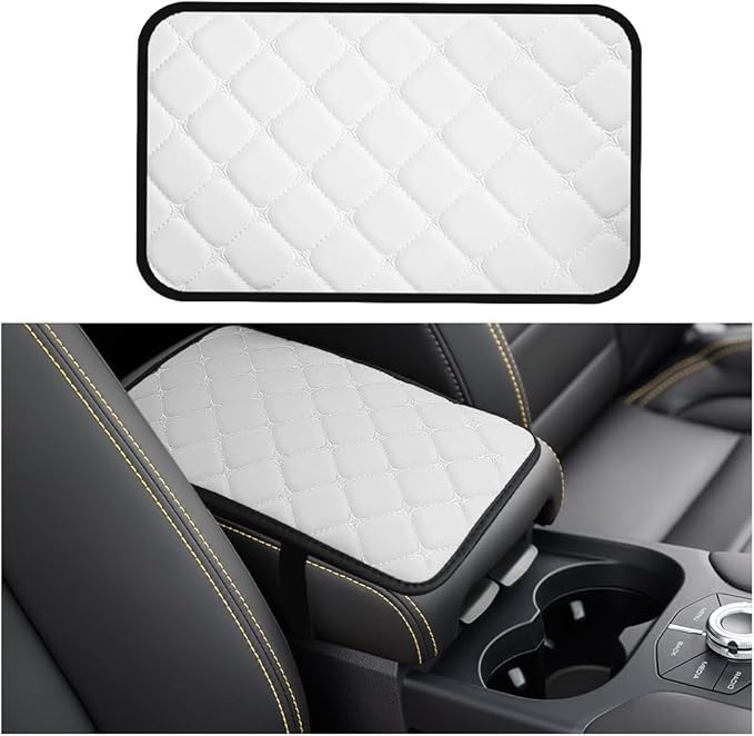 Car Center Console Cushion Pad, Comfortable PU Leather Vehicle Armrest Seat Box Cover, Waterproof Automotive Interior Arm Rest Protector Accessories, Universal Fit (White)