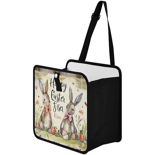 Car Trash Can Organizer Bin with Adjustable Strap for Back Front Seat Console Waterproof Leakproof Collapsible Portable 11 Inch Happy Easter Bunny Carrot