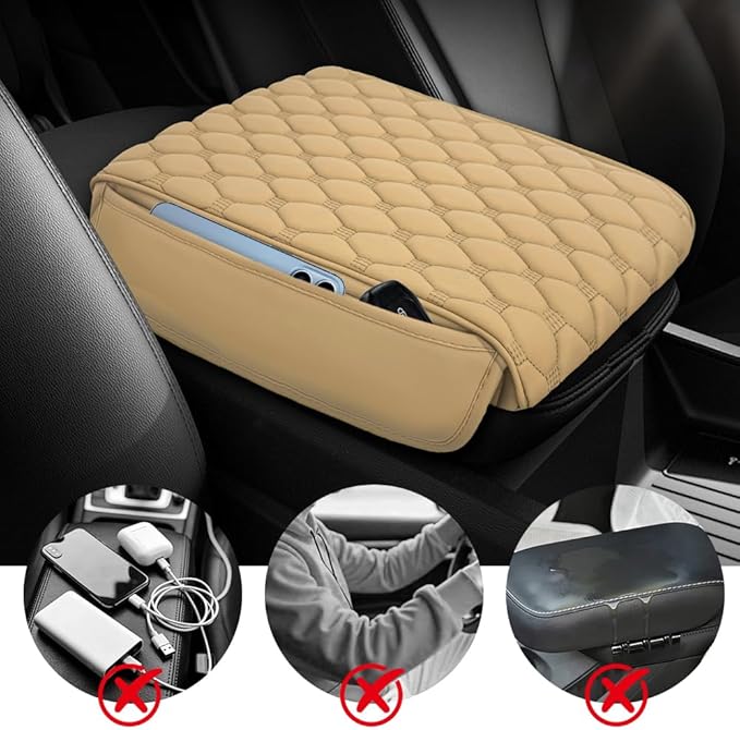 Upgraded Car Center Console Cover, Armrest Cover for Car, Waterproof Leather Auto Armrest Cover Protector with 2 Pocket, Comfortable Arm Rest Box Cushion Pad for Vehicles, Trucks (Beige)