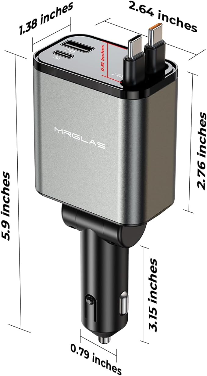 MRGLAS Retractable Car Charger for iPhone 17, 69W 4 in 1 USB C Car Charger Fast Charging with Type C Cable Cigarette Lighter Adapter for iPhone 17 16 Pro Max Samsung S25 iPad, Valentine's Day Gifts