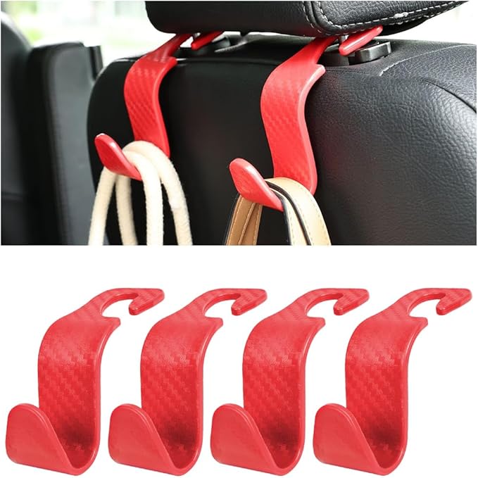 Car Back Seat Headrest Hooks, 4PCS Vehicle Backseat Storage Organizer Hanger, Multifunctional Auto Headrest Hidden Hook Universal for Handbag Purse Backpacks Bags(Carbon Fiber Red)