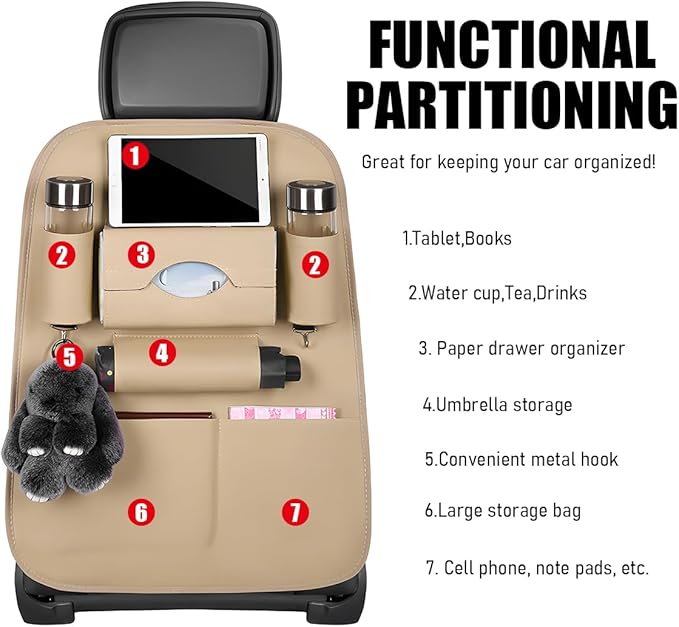 2PCS Car Seatback Organizer, Waterproof Leather Seat Back Storage with Cup Holder Tissue Holder Multiple Pockets, Back Seat Protector Kick Mats for Kids, Travel Accessories (Beige)