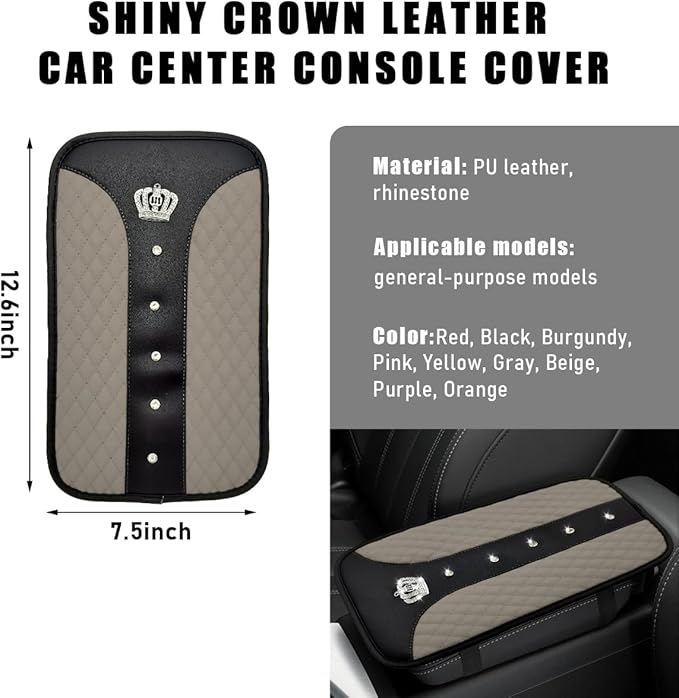 Bling Crown Car Center Console Mats, Anti-Slip and Waterproof Crystal Car Armrest Pad Protector, Universal Rustproof Armrest Decor Cushion for Cars & SUVs, Car Accessories (Gray)