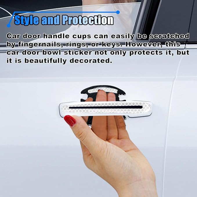 8PCS Reflective Car Door Handle Protector Sticker, Carbon Fiber Auto Door Handle Cup Paint Guard Protective Film, Anti-Scratches Car Door Handle Bowl Sticker, Self-Adhesive & Non-Marking (White)