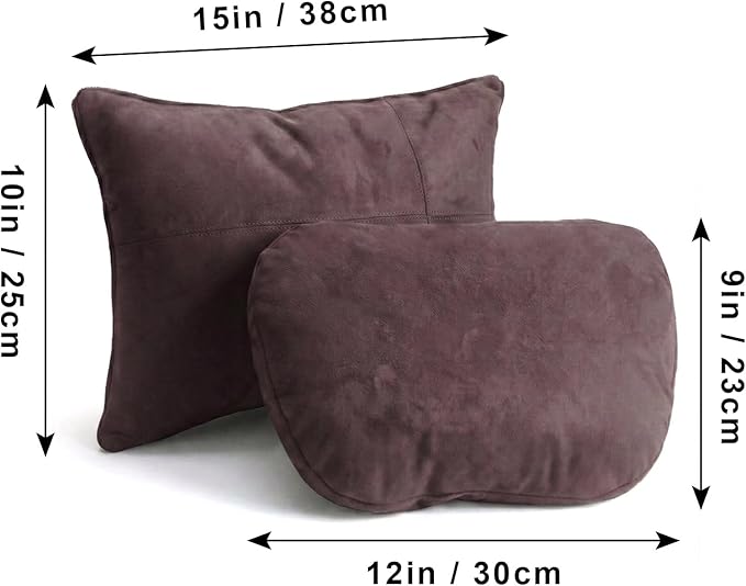 2PCS Car Pillow for Car Neck Pillow for Driving Seat Leather Neck Support Soft Cushion Back Support Head-Rests for Vehicle Sleeping with Elastic Adjustment Strap (Coffee, Head and Lumbar)