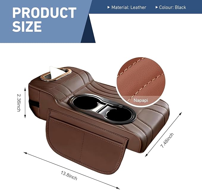 Car Armrest Cushion, Leather Center Console Cover Protector, Multifunctional Storage Pad with Dual Cup Holder, Tissue Box & Side Card Slot, Universal for Most Cars (Coffee)