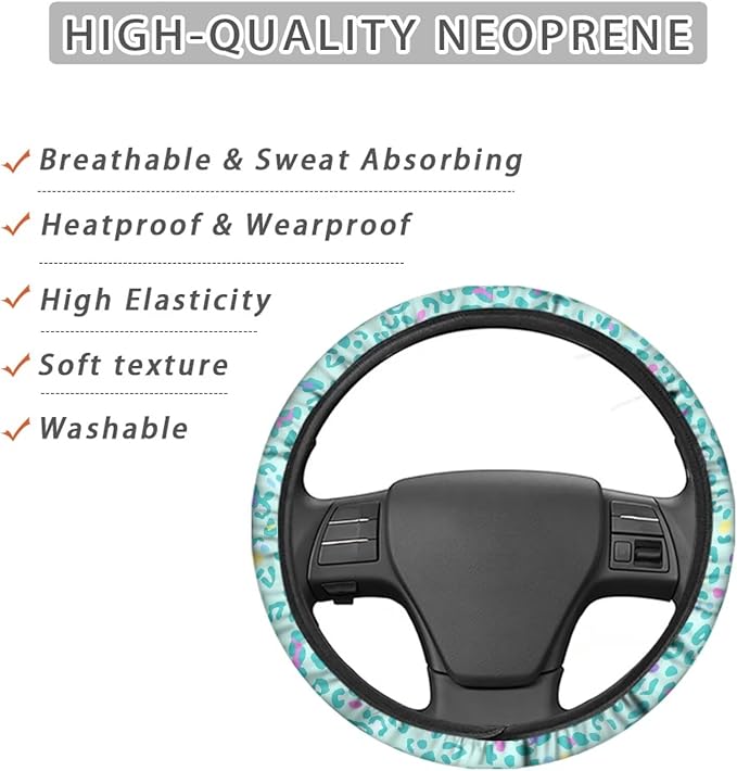 Universal Non-Slip Steering Wheel Cover, 15-inch Polyester Material Driving Accessories, Adjustable for Car and Truck(Mint Green Colorful Leopard)