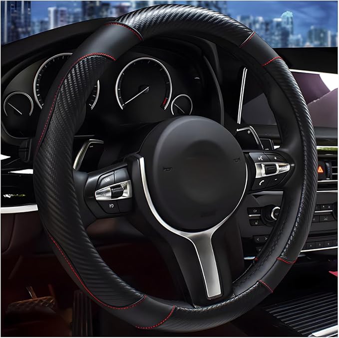 Car Steering Wheel Cover, 15 Inch Carbon Fiber Leather Stitching Color Steering Wheel Protector, Anti-Slip Elastic Breathable Steering Wheel Cover Stylish Decor for Most Cars (Black)