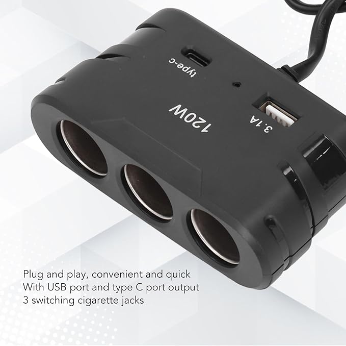 Pilipane Cigarette Lighter Plug Splitter Adapter 1 to 3 Multi Port Power Plug Car Charger with USB and Type C 12V 24V 120W for Car Refrigerators Cameras Mobile Phones ABS Material