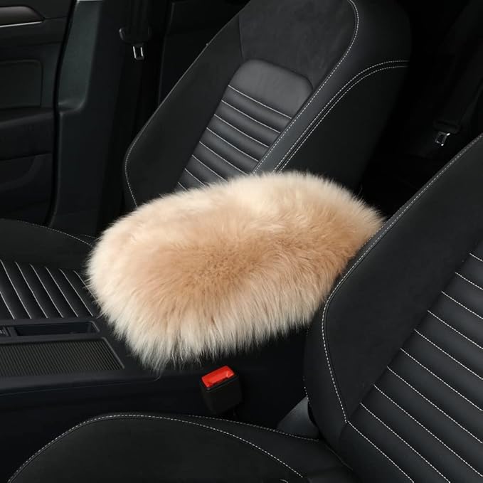 IRIWOOL Sheepskin Armrest Cover Auto Center Armrest Cover Car Soft Console Pad, Fluffy Wool Auto Center Console Cover for Most Car Arm Rest Decoration Protector 9 x 14 Inch (Long Wool, Khaki)