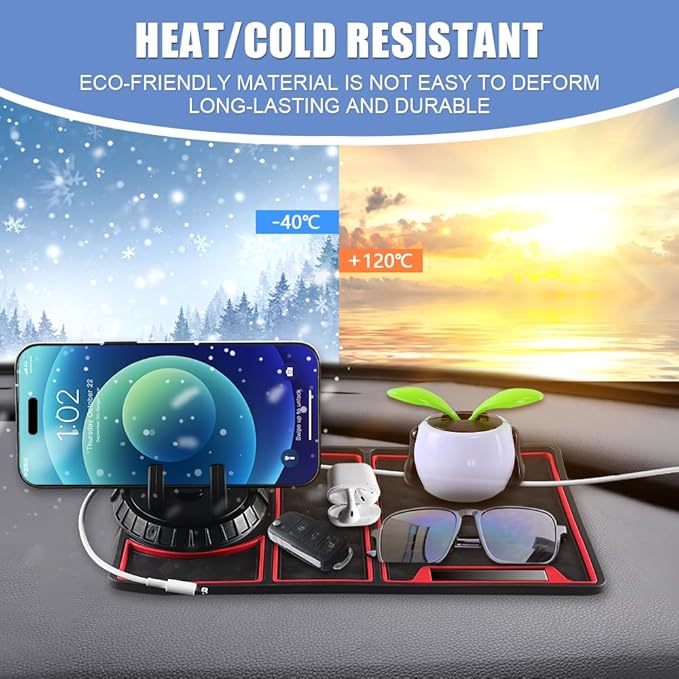 NHHEO Car Anti Slip Mat Dashboard Tray Decorations Sticky Pad 4 in 1 Multi Functional with 360° Rotating Universal Phone Pad Holder+Number Plate, Washable Car Dash Mat(Black&Red)