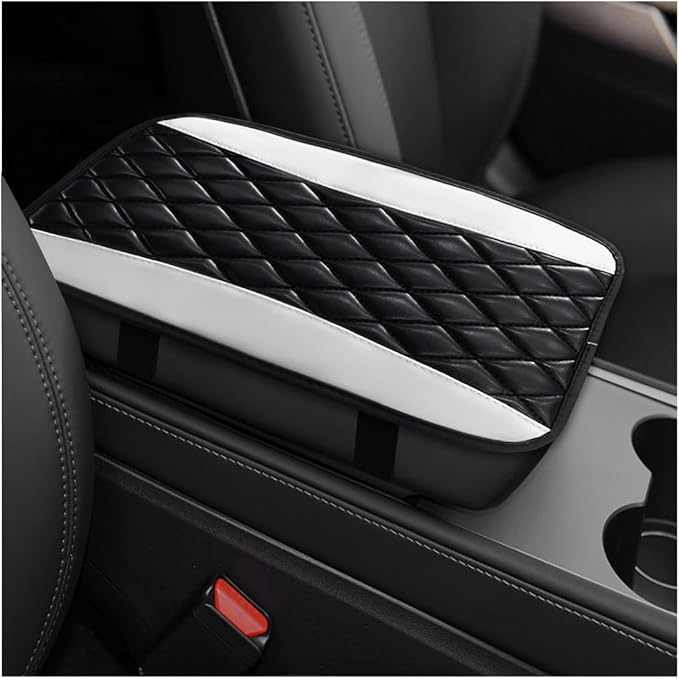 Car Center Console Cushion Pad, 12.6"×7.5" Waterproof Leather Armrest Seat Box Cover Protector, Soft Comfortable Anti-Scratch Arm Rest Console Pad for Most Cars Trucks SUVs (Black & White)